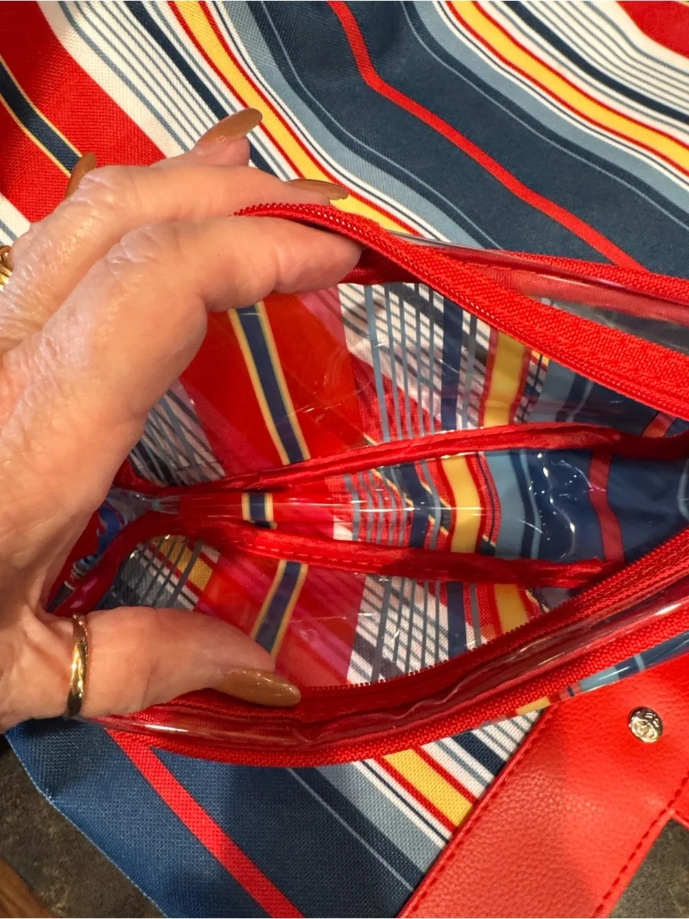 Lancôme Red Striped Tote Bag with Matching Pouch - Women's Beach & Everyday Tote